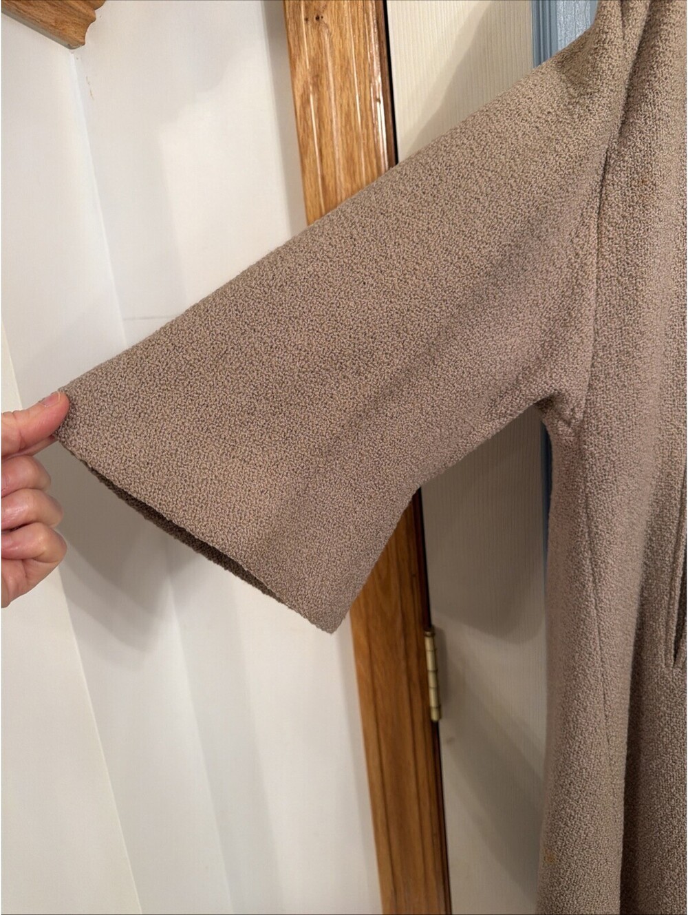 Vintage 50s 60s Tweed Wool Beaver Fur Collar Swing Coat XL Tan Silk Lined Retro - Picture 3 of 12